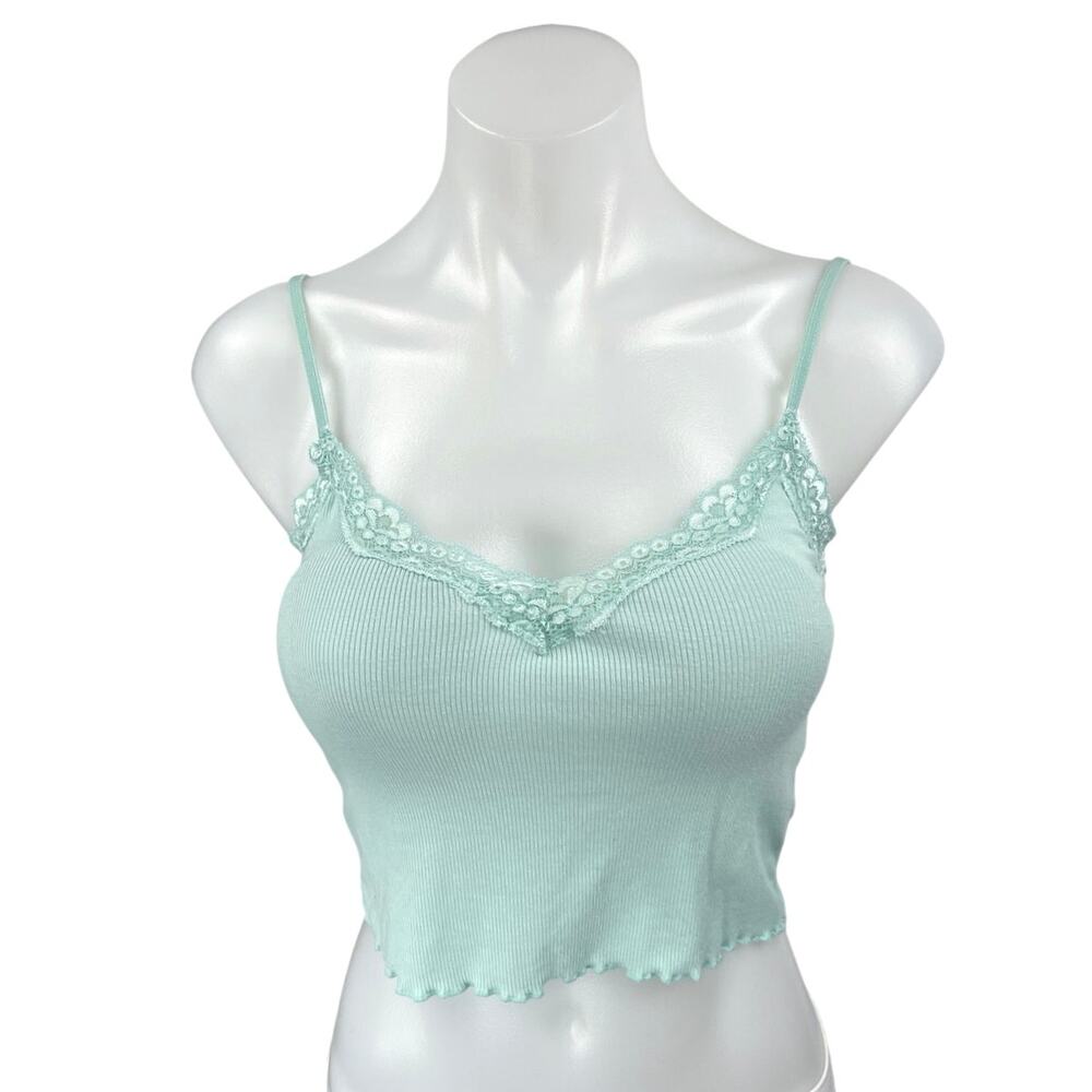 PacSun LA Hearts Blue Floral Lace Lettuce Rib Knit Cami Camisole Crop Tank Top M